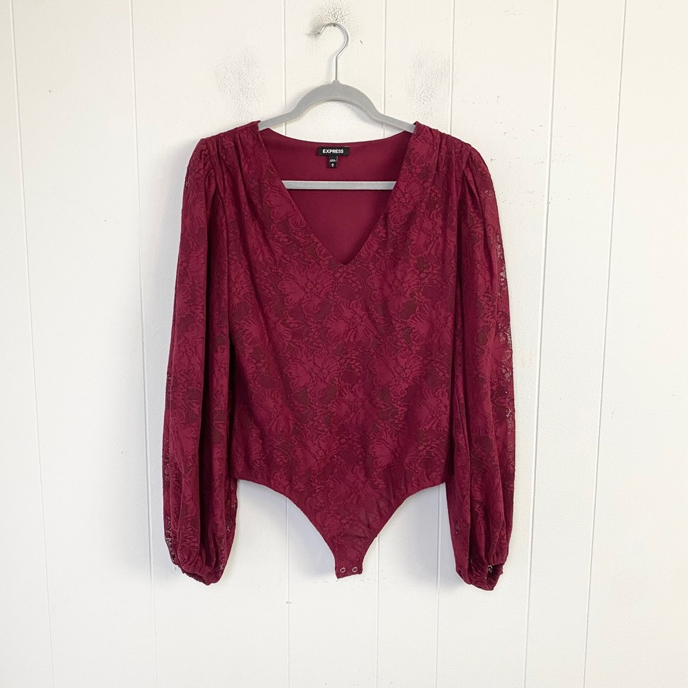 Express Burgundy Floral Lace V-Neck Balloon Sleeve Bodysuit Women's Size Medium